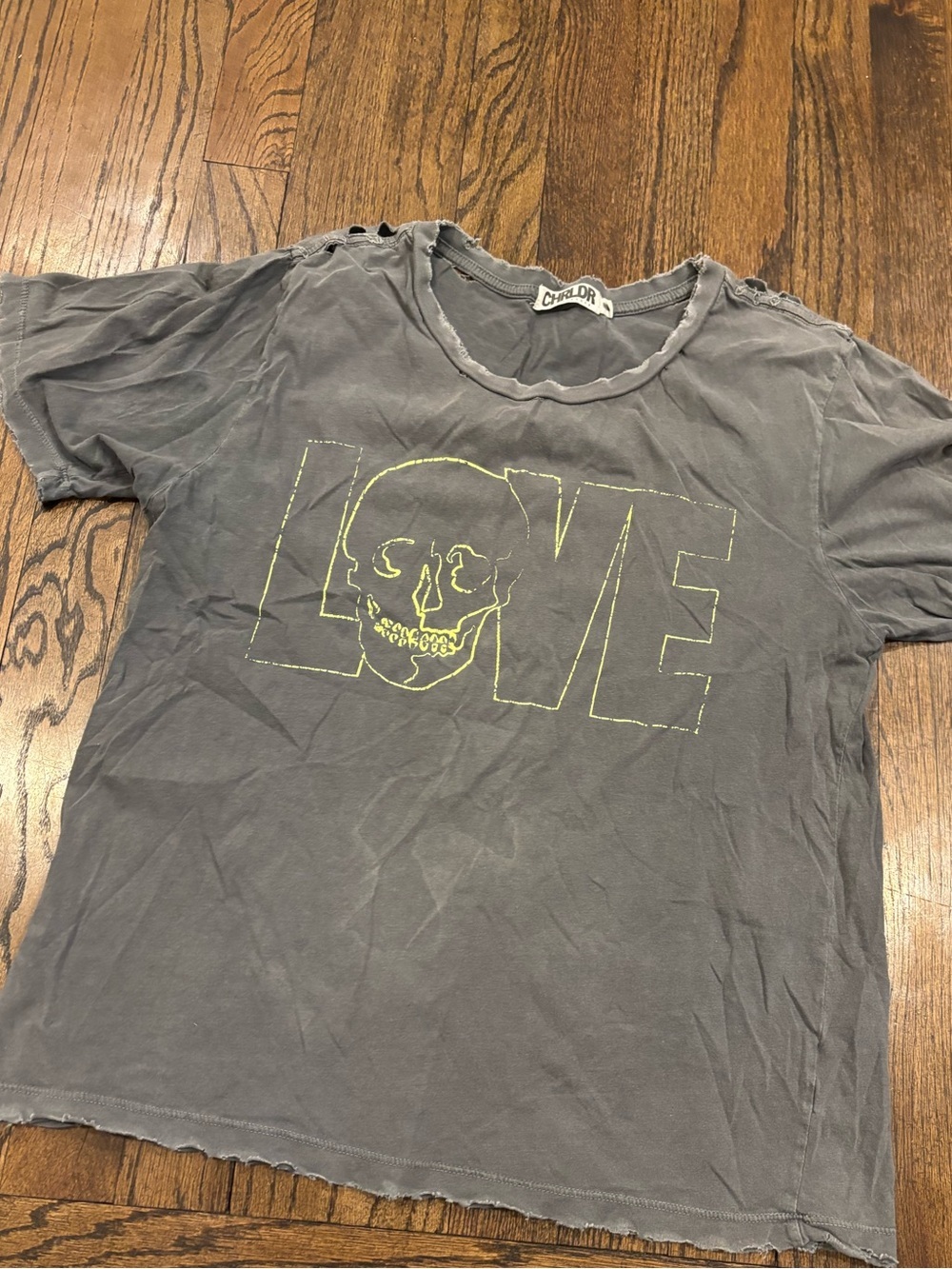 CHRLDR Gray Short Sleeve Tee with Neon Yellow LOVE Skull Graphic size medium